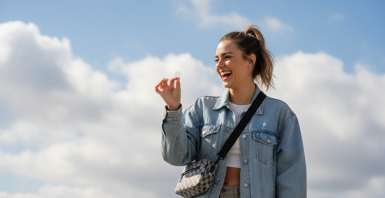 using the current photo as reference, generate a realistic woman in early 20s in stylish street wear holding a small clear pimple patch just holding in her hand. the pimple patch should be a solid clear circle. the woman holding the clear patch should taking up 30% of the landscape frame and she is placed slightly off centered to the right, facing to the left happy as if she is laughing while talking to someone off camera who is not visible in the photo looking to to the left. blue sky background clouds 
